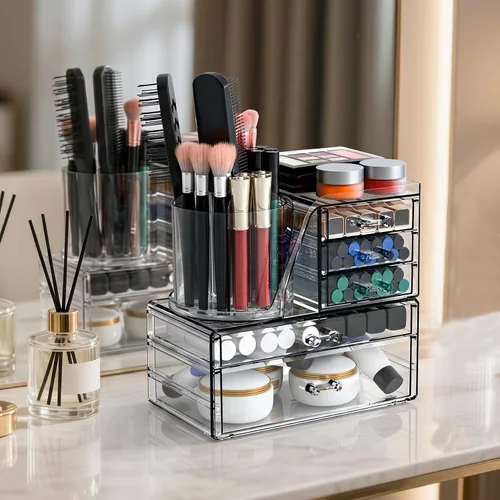 Miniatura 3 de ShineMe Organizador de maquillaje acrílico, organizador de cosméticos apilable de 2 niveles para tocador con soporte giratorio de 360° para brochas