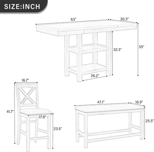 Miniatura 3 de JIVOIT Farmhouse 6 Piece Dining Table Set, Counter Height Table Set with 4 Chairs and a Bench, Rubber Wood Expandable Bar Table Set with Rivet Gris-3