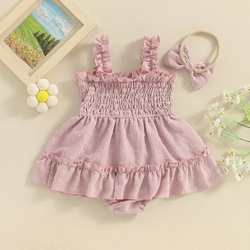 Miniatura 14 de Mameluco de verano para niña, sin mangas, vintage, con burbujas, vestido de mameluco lindo y diadema