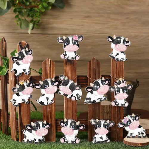 Miniatura 5 de Thinkday Kit de llavero de pintura de diamante de vaca de 12 piezas, lindo colgante de diamante de vaca, adornos de arte animal para adultos