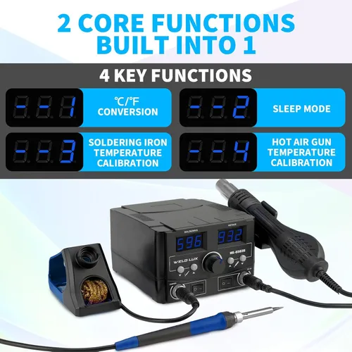 Miniatura 2 de Kit de estación de soldadura digital mejorada de 820W - Estación de retrabajo de aire caliente 2 en 1 con pantalla °F/°C, cambio de aire