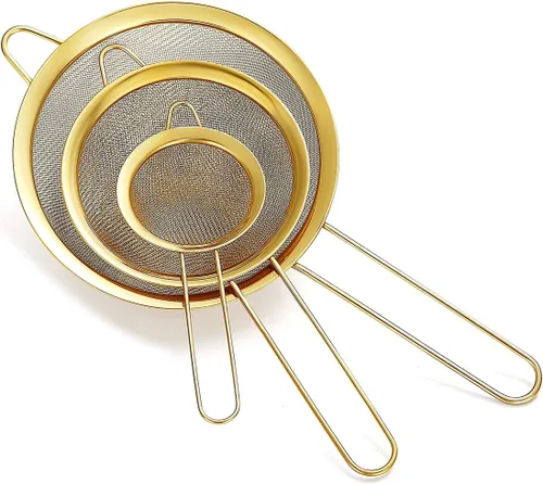 Juego de 3 coladores dorados de malla fina, tamiz de harina dorada para hornear, clandro de acero inoxidable, colador de té Matcha dorado, separador