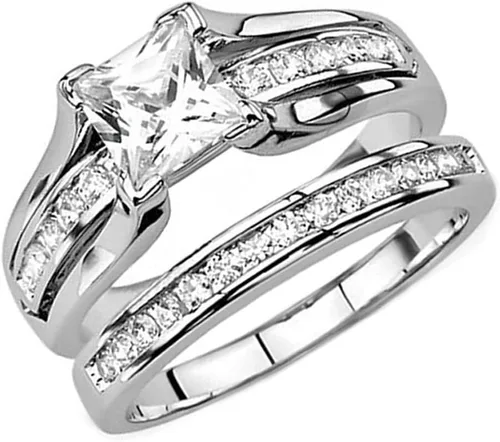 Miniatura 2 de Juego de anillos nupciales de plata de ley 925 de 3 quilates con circonita cúbica de corte princesa para mujer