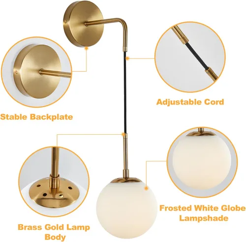 Miniatura 3 de KCO Lighting Juego de dos apliques de pared de vidrio blanco esmerilado con globo esférico dorado de latón, luz de pared con cable ajustable