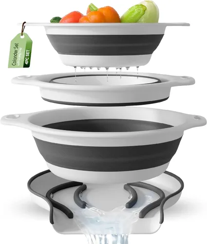 Miniatura 11 de Gevoli Coladores plegables (juego de 3) coladores de alimentos con base de drenaje de agua sobre el fregadero para pasta, frutas y verduras, Blanco