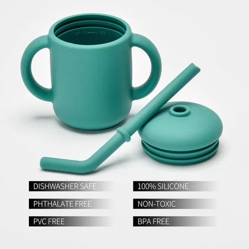 Miniatura 3 de Paquete de 2 tazas para beber 100% silicona para bebé, taza pequeña de entrenamiento de silicona con asas y popote para bebés y niños pequeños verde