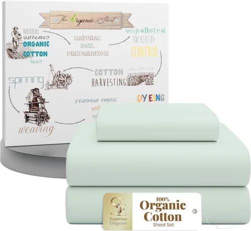 Miniatura 11 de SUPREME ELEGANCE Juego de sábanas tamaño King 100% algodón orgánico, percal nítido, ligeras y transpirables, sábanas de cama azul oscuro, bolsillo