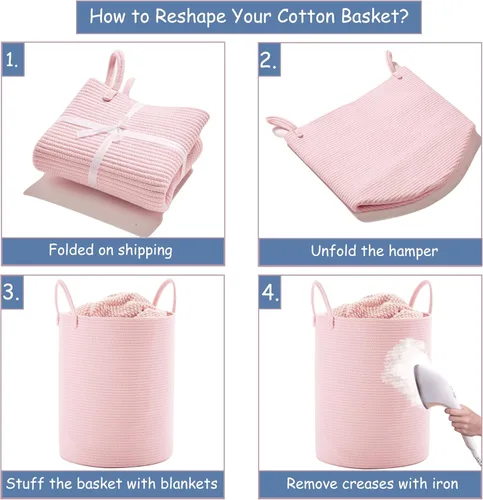 Miniatura 6 de 15Dx20H pulgadas Cesta de lavandería grande rosa para niños, cesta de lavandería de cuerda tejida para guardería, para habitación de niñas, Rosa1
