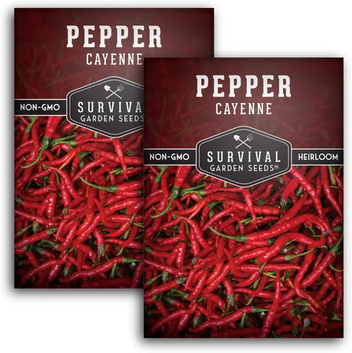 Survival Garden Seeds - Semilla de pimienta de cayena roja para plantar - 3 paquetes con instrucciones para plantar y cultivar chiles picantes en el