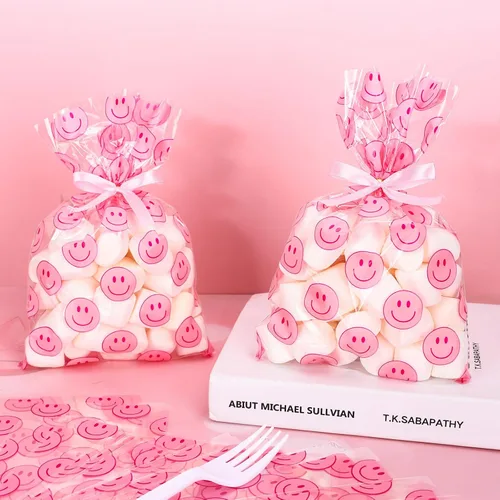 Miniatura 4 de Whaline 100 bolsas de celofán con patrón de sonrisa rosa con cintas, bolsas de golosinas para celofán con sonrisas, bolsas de golosinas