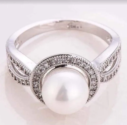 Miniatura 3 de Xiaomei Anillo de plata de ley 925 con perlas y zafiro blanco para mujer, con perlas blancas, anillo de compromiso de boda, talla 6-10 (talla 8)
