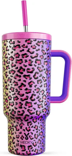 Miniatura 18 de Meoky - Vaso de 30 oz con asa, tapa y pajilla, taza de viaje térmica de acero inoxidable 100% a prueba de fugas, para portavasos, mantiene el frío