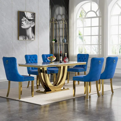 Miniatura 9 de Juego de mesa de comedor de 7 piezas con sillas, mesa de comedor de mármol sintético y sillas beige para 6, juego de mesa de comedor de oro blanco