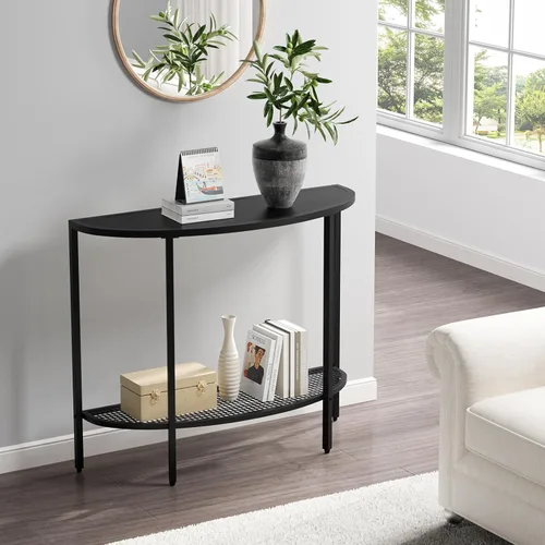 Miniatura 2 de SAYGOER Mesa de consola negra media luna de dos niveles, mesa estrecha para entrada con almacenamiento, mesa moderna para sofá, mesas pequeñas