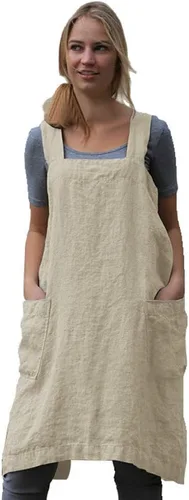 Miniatura 24 de Larmliss Delantal tipo pinafore cuadrado para mujer, para hornear, cocinar, jardinería, con espalda cruzada, mezcla de algodón/lino, con 2 bolsillos