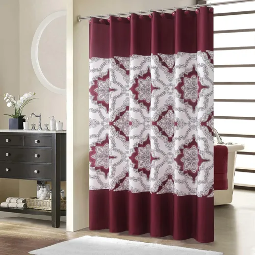 Miniatura 11 de Cortina de ducha larga de tela, cortinas de ducha de damasco bohemio con estampado de paisley en vino burdeos y oro amarillo, cortinas impermeables