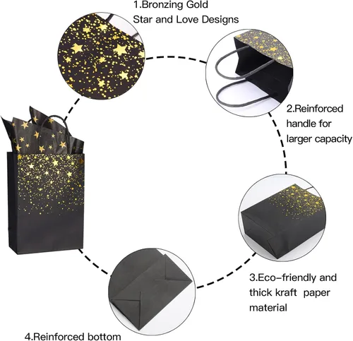 Miniatura 4 de Sharlity Bolsas de regalo pequeñas de color negro y dorado, 24 bolsas de papel de fiesta con papel de seda de estrella para Halloween, Año Nuevo