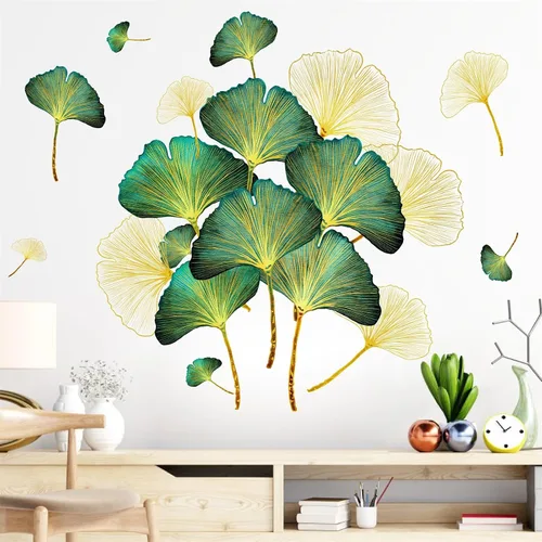 Miniatura 2 de Calcomanías de pared de hojas doradas, calcomanías de pared de hojas verdes, calcomanías de pared modernas para dormitorio, sala de estar, Oro