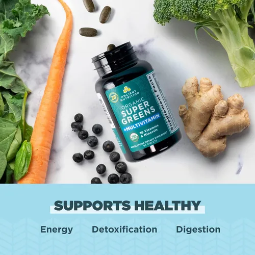 Miniatura 4 de Ancient Nutrition Supergreens - Tabletas multivitamínicas, superalimento orgánico en polvo con multivitaminas hechas de frutas reales, verduras