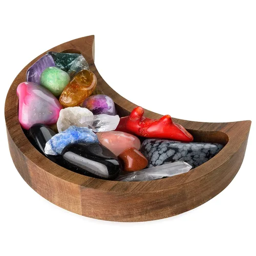 Miniatura 10 de Bandeja de luna creciente – Muestra tus gemas, piedras curativas y tesoros – Bandeja de exhibición de cristal de madera de 6 x 3 pulgadas, soporte