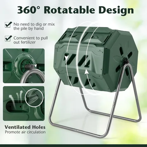 Miniatura 5 de Goplus Contenedor de compostaje de doble cámara para exteriores de 42 galones con 2 puertas corredizas, marco de metal resistente, compostador