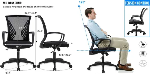 Miniatura 5 de Simple Home - Silla ergonómica de escritorio de oficina de malla, soporte lumbar, taburete ajustable ejecutivo moderno, silla giratoria para dolor
