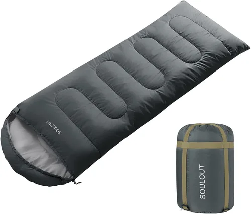 Saco de dormir de 3 a 4 estaciones para adultos y niños, bolsa de camping ligera y cálida para clima frío con saco de compresión impermeable - Gris
