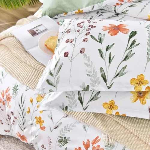 Miniatura 3 de Funda de Edredón Floral Tamaño King - Flores Blancas Amarillas y Hojas Verdes Primavera Botánica Estampada Juego de Funda de Edredón de Microfibra
