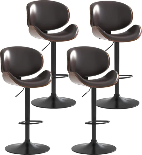 Miniatura 21 de Juego de 2 taburetes de bar giratorios ajustables, modernos taburetes de bar de madera curvada con base de metal grande y reposapiés, silla de bar