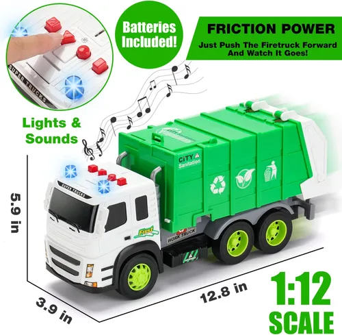 Miniatura 5 de MOBIUS Toys Camión de basura – Camión de reciclaje grande a escala 1:12 con luces, sonidos y piezas móviles – Camión de basura duradero sin BPA