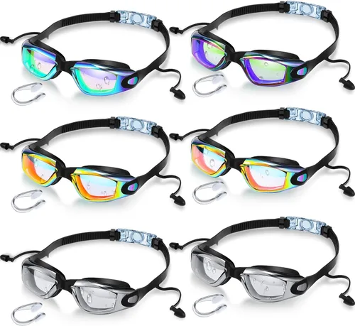 Miniatura 7 de Flutesan Paquete de 6 gafas de natación para adultos, antiniebla, con tapones para los oídos, clip para la nariz, sin fugas, protección completa