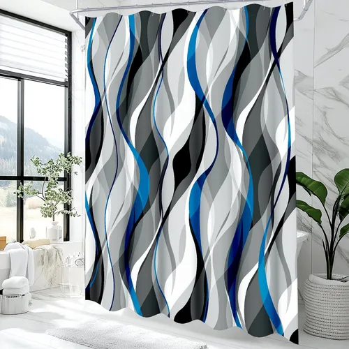 weesire Cortina de ducha azul y gris para baño, cortina de tela azul y negra, cortinas de baño modernas, abstractas, a rayas, minimalistas,