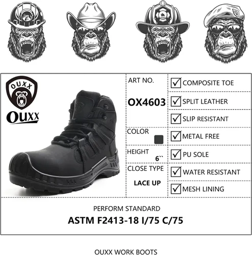 Miniatura 8 de Botas de trabajo con punta compuesta para hombres, zapatos de seguridad ASTM F2413, sin metal, bota antideslizante (OX4603)
