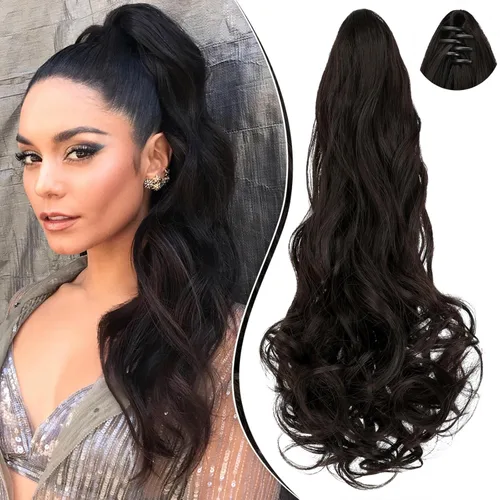 Miniatura 9 de Extensión de cola de caballo de 18 pulgadas, rizado, ondulado, con clip, extensiones de cabello largo sintético para mujer, color marrón claro