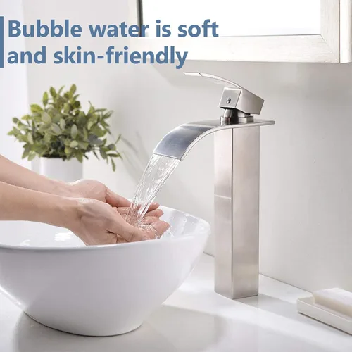 Miniatura 2 de Grifo de lavabo alto de níquel cepillado con boquilla de cascada, grifo alto de baño de una sola manija, sobre mostrador, grifo de lavabo de tocador