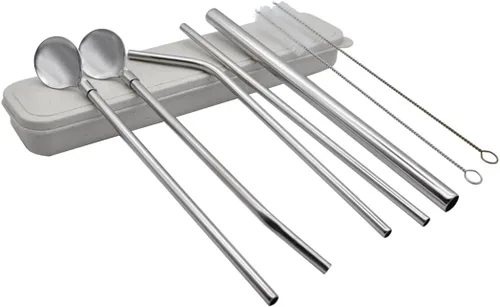 Miniatura 11 de Hoshen Juego de 7 cucharas de paja de acero inoxidable dorado, popote reutilizable de 8.5 pulgadas, con estuche de transporte