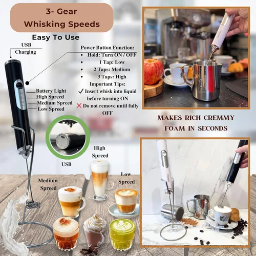 Miniatura 8 de Espumador de leche recargable de mano de 3 velocidades, espumador eléctrico de 3 velocidades, batidor de espuma, mezclador de bebidas con soporte, 2