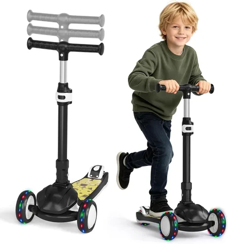 Patinete para niños con ruedas iluminadas LED y 3 alturas ajustables, inclinación para dirigir y ampliar la cubierta antideslizante, scooter de 3