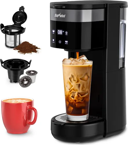 SUNVIVI Cafetera helada de una sola porción, 3 modos de preparación para cápsulas K-Cup, café molido, depósito de agua extraíble de 30 onzas y