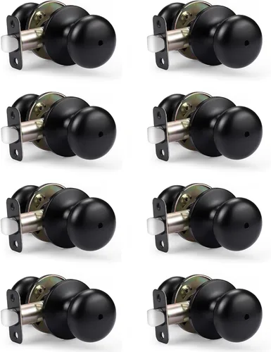 KNOBWELL Paquete de 8 pomos de puerta de privacidad para baño y dormitorio, pomo de puerta negro mate con cerradura, cerradura de manija de puerta