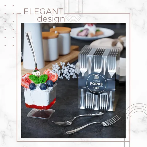 Miniatura 5 de Exquisite Mini tenedores de plástico 100CT cubiertos de alta calidad plata aspecto similar a plástico resistente degustación postre tenedores