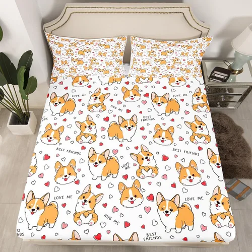 Miniatura 2 de Feelyou Juego de sábanas Kawaii Corgi para niños pequeños, juego de ropa de cama para niños y niñas, diseño de caricaturas, cachorro, perro, sábana