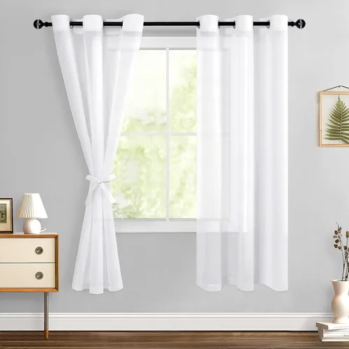 Miniatura 170 de Hiasan - Cortinas traslúcidas de gasa cortas semitransparentes con ojales y alzapaños filtrantes de luz para ventana, dormitorio, baño, 2 paneles