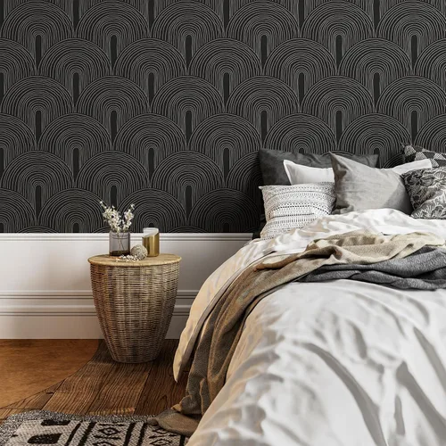 Miniatura 2 de VEELIKE Papel tapiz geométrico bohemio de arcos negros para despegar y pegar, para dormitorio, sala de estar, 17.7 x 118 pulgadas, papel tapiz