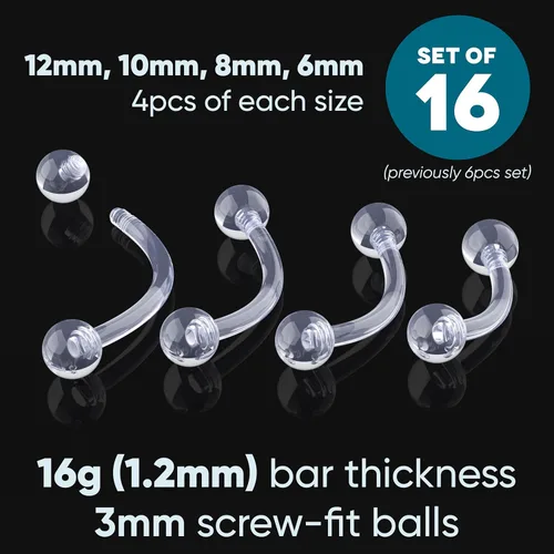 Miniatura 3 de Retenedores de piercing transparentes de 16g para cirugía - Plástico Bioflex transparente para cejas curvado - Pendientes de cartílago invisibles