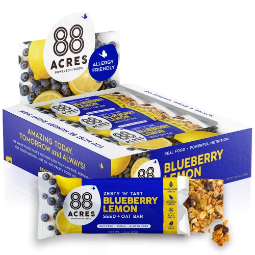 88 Acres Barras de granola | Arándano Limón | Barra de granola de avena y semillas sin gluten, sin frutos secos | Vegana y siempre sin OMG | Paquete