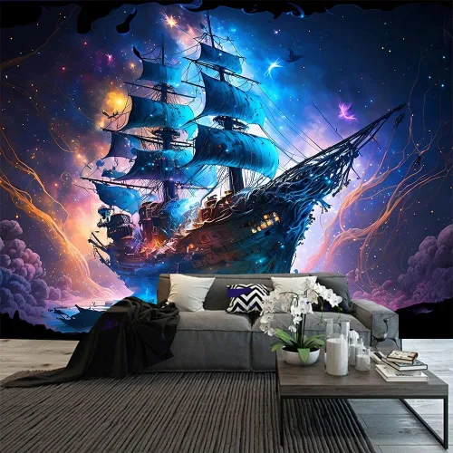 Miniatura 6 de FENDROM Tapiz náutico Decoración Fantasma Velero Arte de Pared Fantasía Paisaje Océano Náutico barco pirata Onda Vela Luna Tapices Colgantes