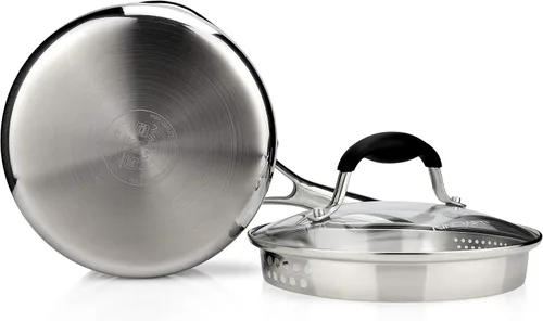 Miniatura 7 de AVACRAFT Cacerola de acero inoxidable de tres capas con tapa coladora de vidrio, dos picos vertedores laterales, mango ergonómico, cacerola