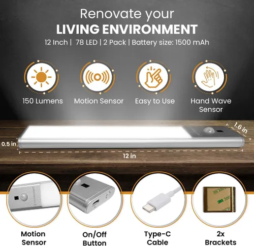 Miniatura 3 de VYANLIGHT Luces de cocina para debajo del gabinete, tiras de luz LED inalámbricas con sensor de movimiento para despensa, armario, baño, iluminación