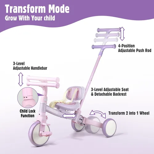 Miniatura 4 de Phobby Triciclo 5 en 1 para niños pequeños con mango de dirección para niños de 1, 2, 3, 4 años, triciclo para niños con pedales extraíbles, juguete